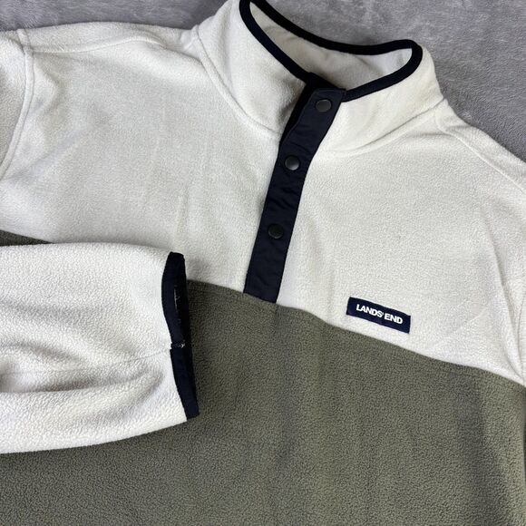 Lands' End Pullover Mens 2XL Green White Fleece Quarter Snap Neck Colorblock - Picture 1 of 12